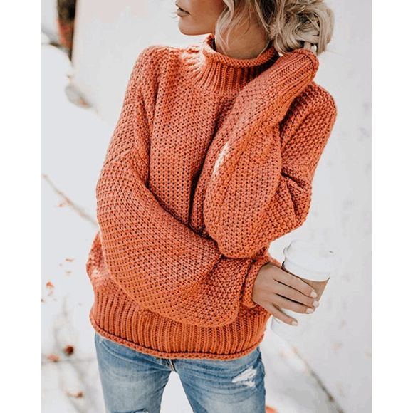 Orange Dropped Shoulder Rolled Hem Comfy Cozy Winter Sweater - Picture 1 of 2